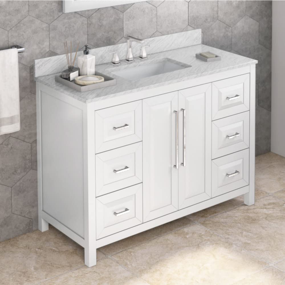 Jeffrey Alexander VKITCAD48WHWCR 48" White Cade Vanity, White Carrara Marble Vanity Top, undermount rectangle bowl