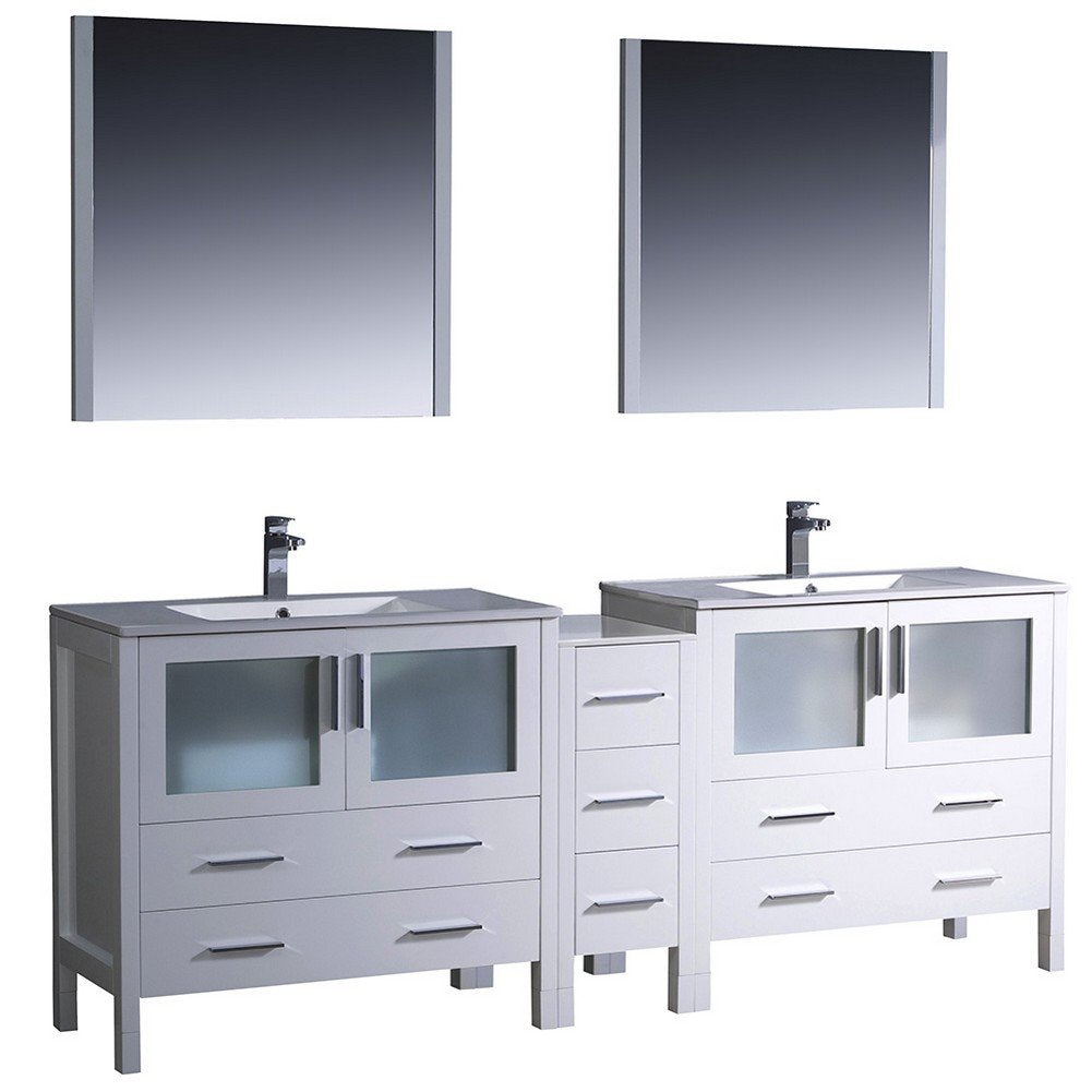 Fresca FVN62-361236WH-UNS Fresca Torino 84" White Modern Double Sink Bathroom Vanity w/ Side Cabinet & Integrated Sinks