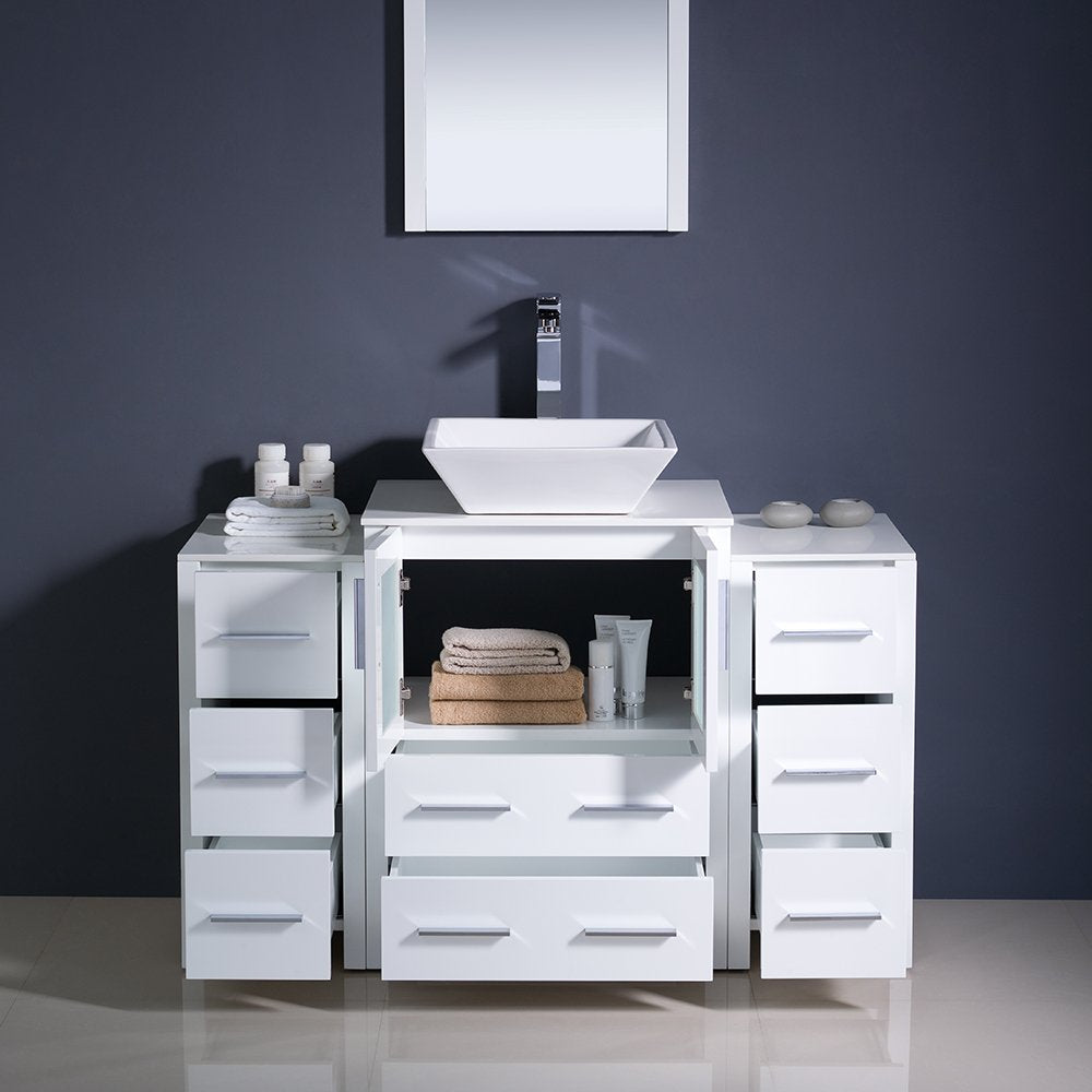 Fresca FVN62-122412WH-VSL Fresca Torino 48" White Modern Bathroom Vanity w/ 2 Side Cabinets & Vessel Sink