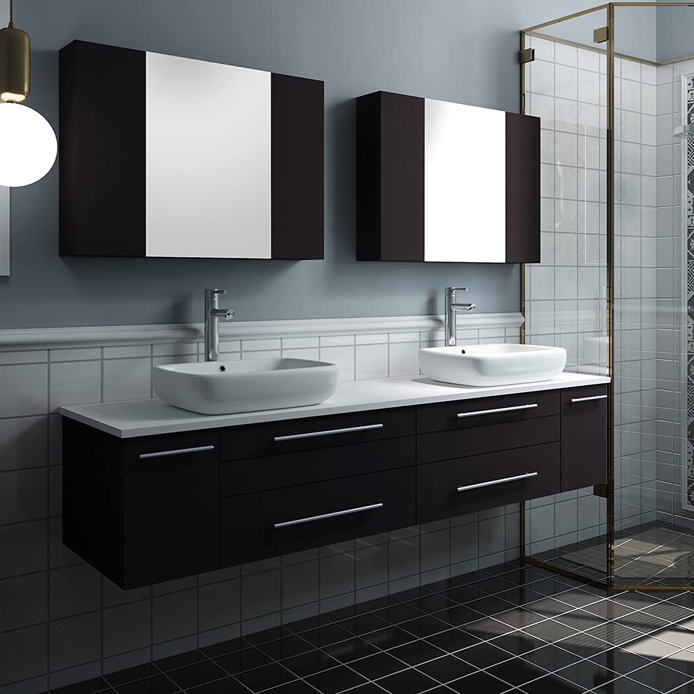 Fresca FVN6172WH-VSL-D Fresca Lucera 72" White Wall Hung Double Vessel Sink Modern Bathroom Vanity w/ Medicine Cabinets