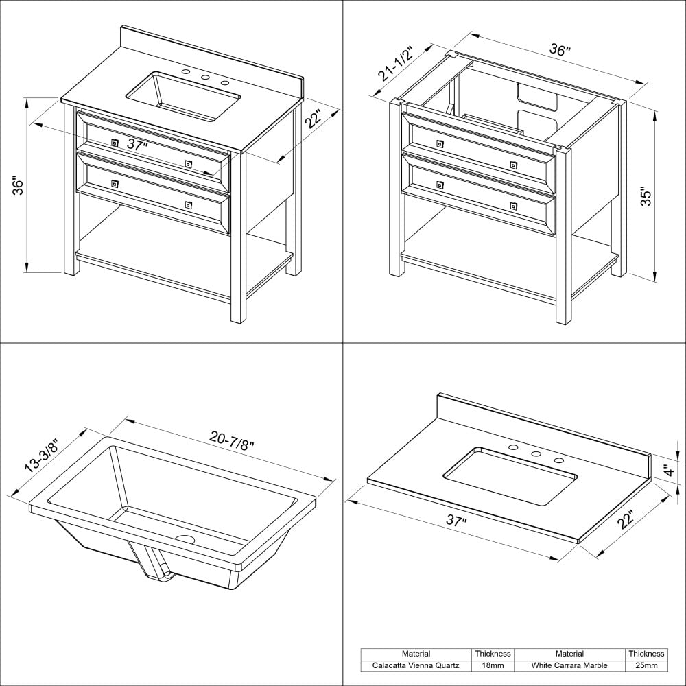 Jeffrey Alexander VKITADL36BKWCR 36" Black Adler Vanity, White Carrara Marble Vanity Top, undermount rectangle bowl