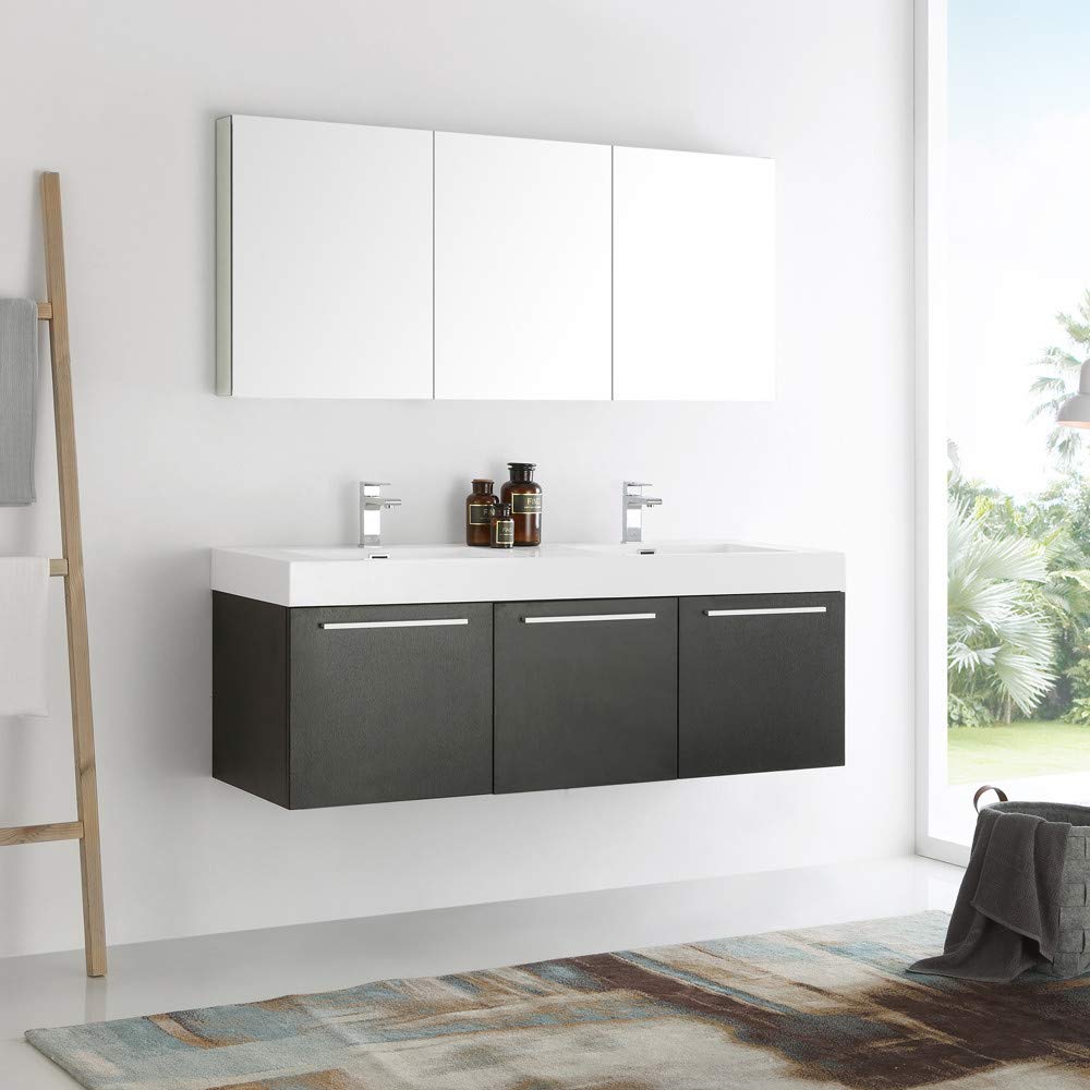 Fresca FVN8093TK-D Fresca Vista 60" Teak Wall Hung Double Sink Modern Bathroom Vanity w/ Medicine Cabinet