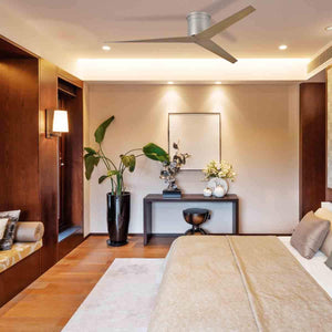 Matthews Fan EKH-BK-BN Eliza-H 3-blade ceiling mount paddle fan in Matte Black finish with brushed nickel ABS blades.
