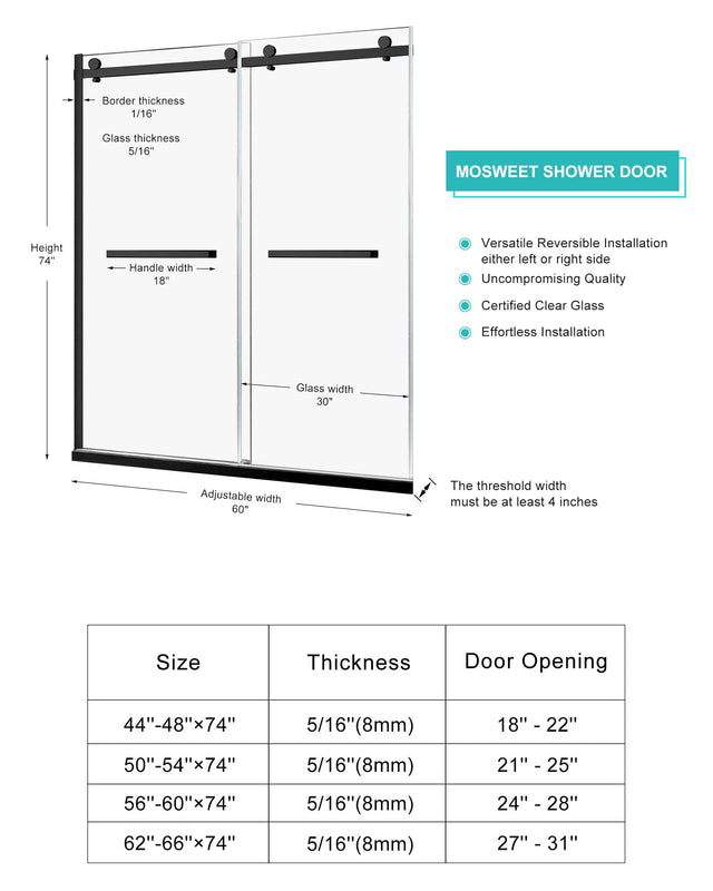 Milano Double Sliding Shower Door, 60 in.W x 74 in.H Framed Shower Door 5/16"(8mm) Clear Tempered Glass, 18 inch Pull Handle, Stainless Steel Hardware, Matte Black Finished