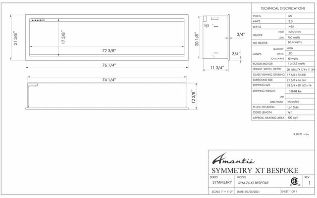 Amantii SYM-74-XT-BESPOKE Symmetry Xtra Tall Bespoke - 74" Indoor / Outdoor Electric Built In featuring, WiFi Compatibilty & Bluetooth Connectivity, MultiFunction Remote, and a Selection of Media Options