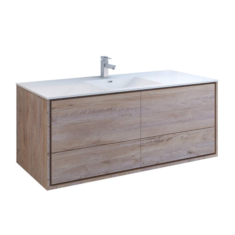 Fresca FCB9260RNW-S-I Fresca Catania 60" Rustic Natural Wood Wall Hung Modern Bathroom Cabinet w/ Integrated Single Sink