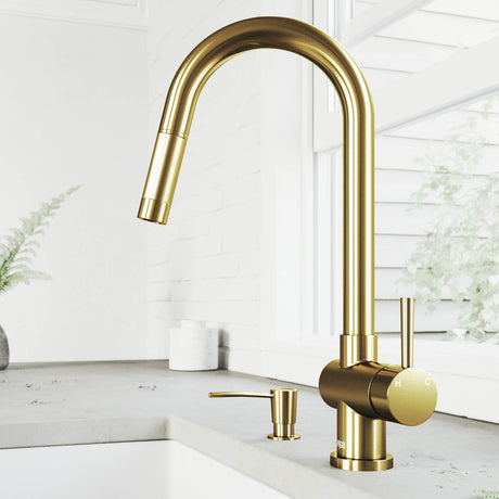 VIGO VG02008MGK2 17" H Gramercy Single-Handle with Pull-Down Sprayer Kitchen Faucet with Soap Dispenser in Matte Gold