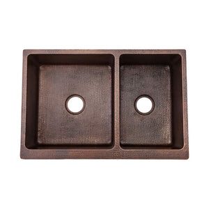 Premier Copper Products KA60DB33229 33-Inch Hammered Copper Kitchen Apron 60/40 Double Basin Sink, Oil Rubbed Bronze