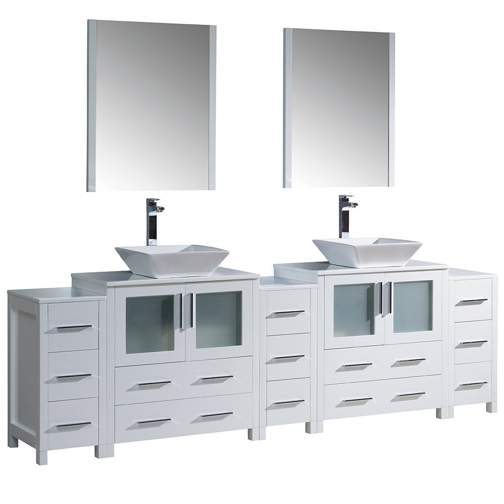 Fresca FVN62-96WH-VSL Fresca Torino 96" White Modern Double Sink Bathroom Vanity w/ 3 Side Cabinets & Vessel Sinks