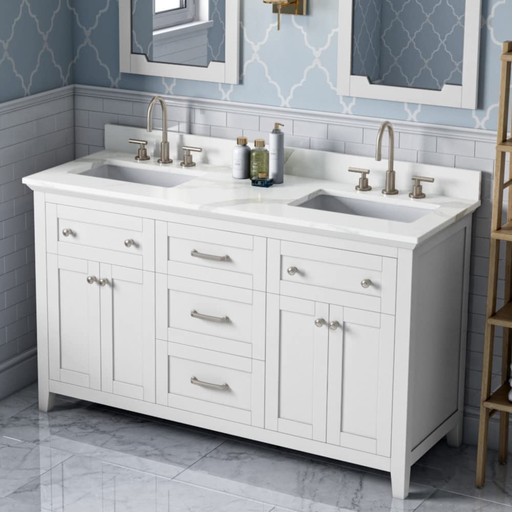 Jeffrey Alexander VKITCHA60WHCQR 60" White Chatham Vanity, double bowl, Calacatta Vienna Quartz Vanity Top, two undermount rectangle bowls