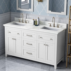 Jeffrey Alexander VKITCHA60WHCQR 60" White Chatham Vanity, double bowl, Calacatta Vienna Quartz Vanity Top, two undermount rectangle bowls