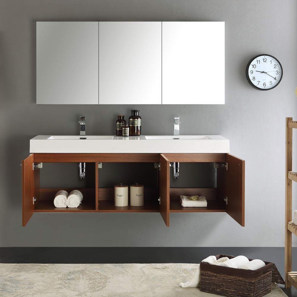 Fresca FVN8093GW-D Fresca Vista 60" Walnut Wall Hung Double Sink Modern Bathroom Vanity w/ Medicine Cabinet