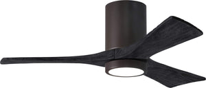 Matthews Fan IR3HLK-TB-BK-42 Irene-3HLK three-blade flush mount paddle fan in Textured Bronze finish with 42” solid matte black wood blades and integrated LED light kit.
