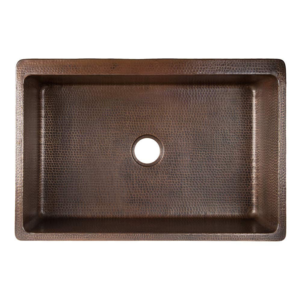 Premier Copper Products KASDB33229F-NB 33-Inch Hammered Copper Apron Front Single Basin Kitchen Sink w/ Fleur De Lis Design and Nickel Background