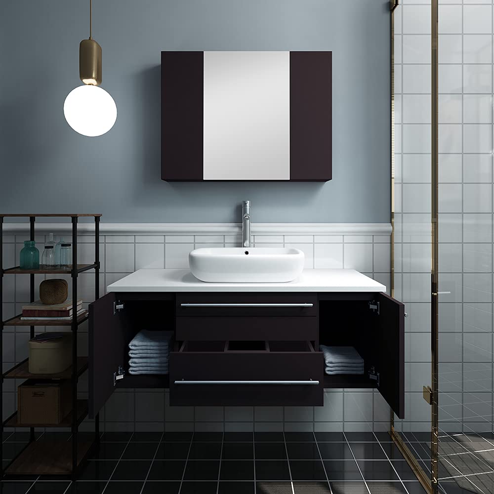 Fresca FVN6142WH-VSL Fresca Lucera 42" White Wall Hung Vessel Sink Modern Bathroom Vanity w/ Medicine Cabinet