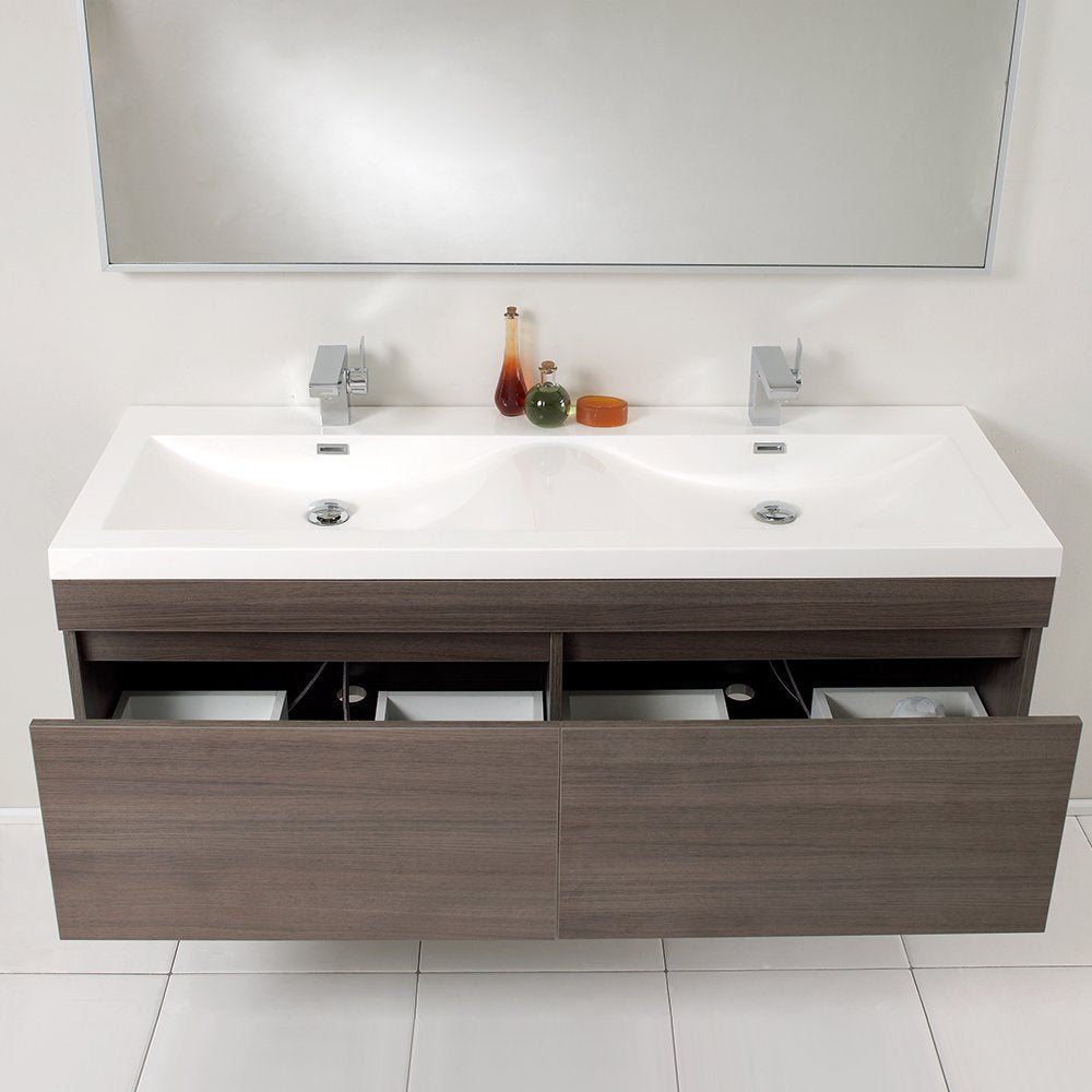 Fresca FVN8040GO Fresca Largo 57" Gray Oak Modern Bathroom Vanity w/ Wavy Double Sinks