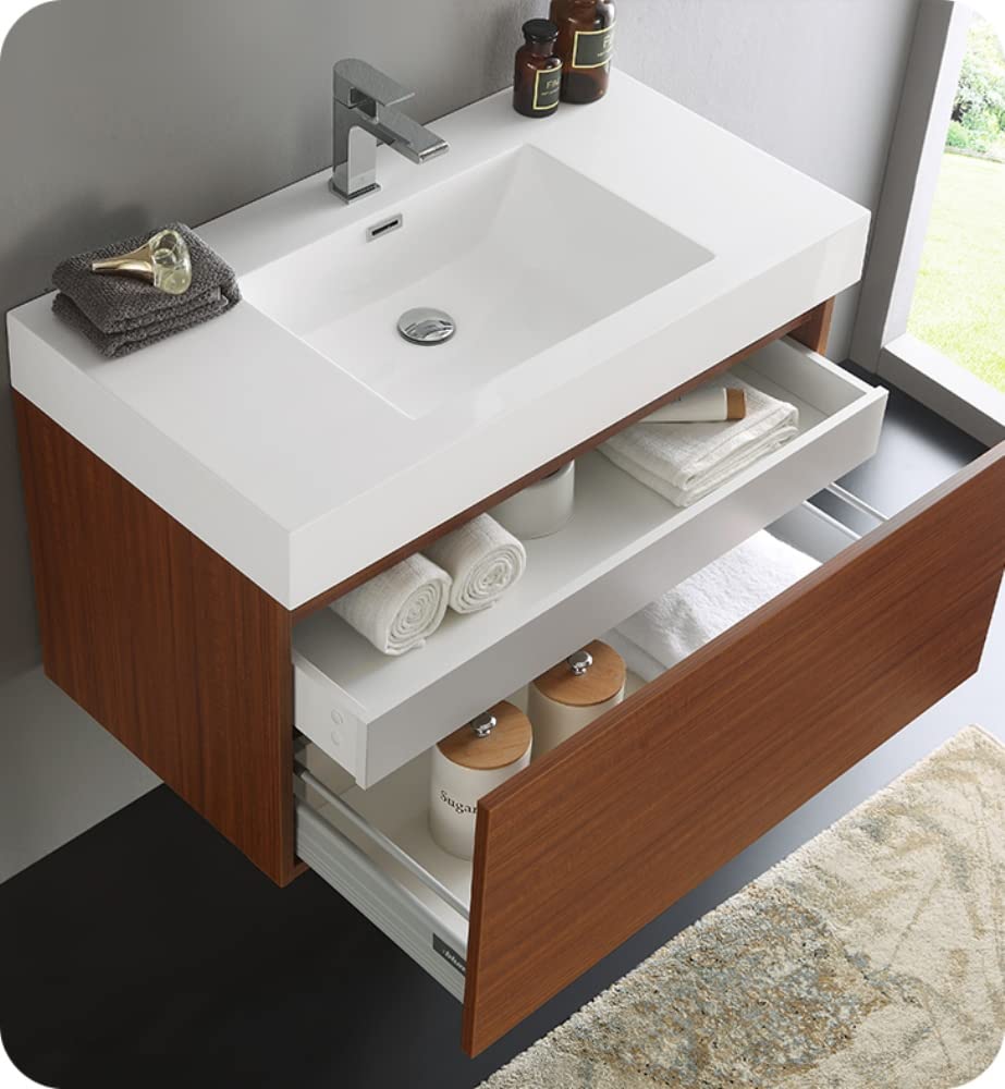 Fresca FCB8008TK Fresca Mezzo 36" Teak Wall Hung Modern Bathroom Cabinet