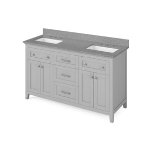 Jeffrey Alexander VKITCHA60GRSGR 60" Grey Chatham Vanity, double bowl, Steel Grey Cultured Marble Vanity Top, two undermount rectangle bowls