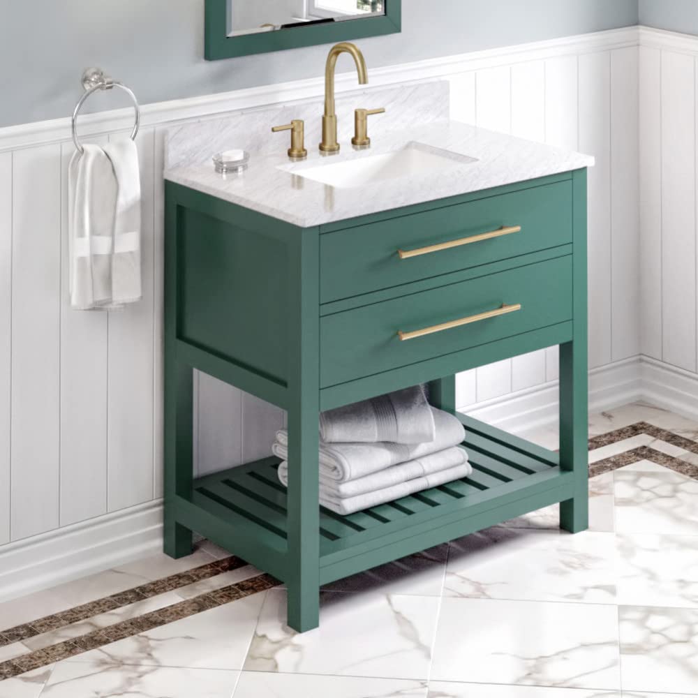 Jeffrey Alexander VKITWAV36GNWCR 36" Forest Green Wavecrest Vanity, White Carrara Marble Vanity Top, undermount rectangle bowl