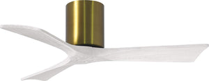 Matthews Fan IR3H-BRBR-MWH-42 Irene-3H three-blade flush mount paddle fan in Brushed Brass finish with 42” solid matte white wood blades. 