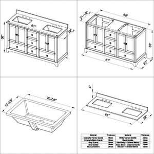 Jeffrey Alexander VKITADD60WHWCR 60" White Addington Vanity, double bowl, White Carrara Marble Vanity Top, two undermount rectangle bowls