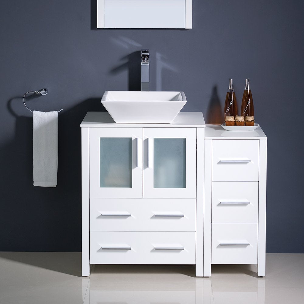 Fresca FVN62-2412WH-VSL Fresca Torino 36" White Modern Bathroom Vanity w/ Side Cabinet & Vessel Sink