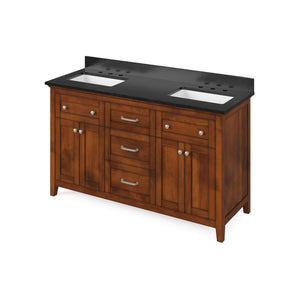 Jeffrey Alexander VKITCHA60CHBGR 60" Chocolate Chatham Vanity, double bowl, Black Granite Vanity Top, two undermount rectangle bowls