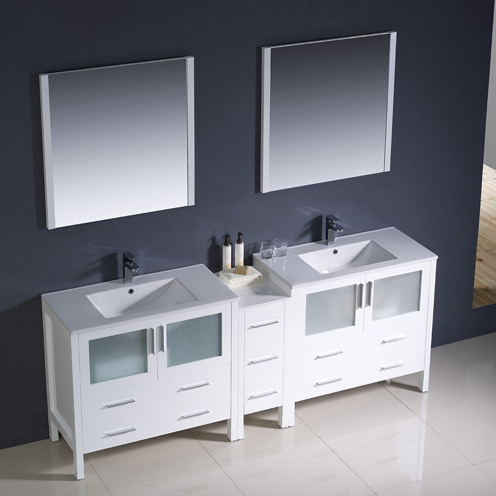 Fresca FVN62-361236WH-UNS Fresca Torino 84" White Modern Double Sink Bathroom Vanity w/ Side Cabinet & Integrated Sinks