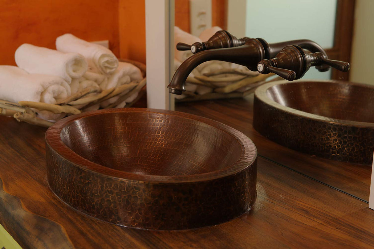 Premier Copper Products VO17SKDB Oval Skirted Vessel Hammered Copper Sink, Oil Rubbed Bronze