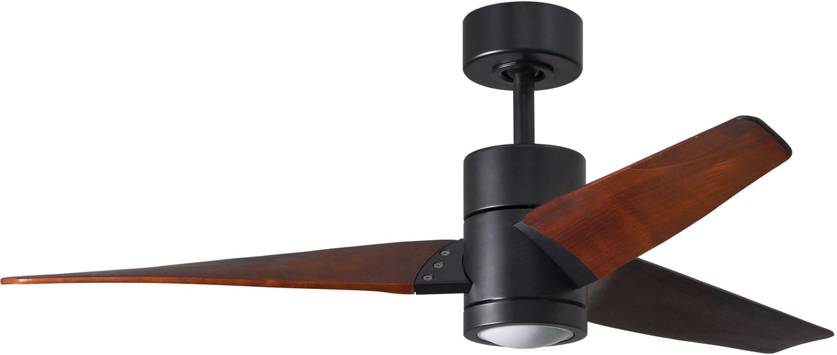 Matthews Fan SJ-BK-WN-52 Super Janet three-blade ceiling fan in Matte Black finish with 52” solid walnut tone blades and dimmable LED light kit 