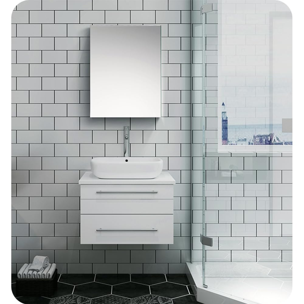 Fresca FVN6124WH-VSL Fresca Lucera 24" White Wall Hung Vessel Sink Modern Bathroom Vanity w/ Medicine Cabinet