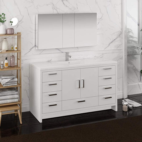 Fresca FVN9460WH-S Fresca Imperia 60" Glossy White Free Standing Single Sink Modern Bathroom Vanity w/ Medicine Cabinet