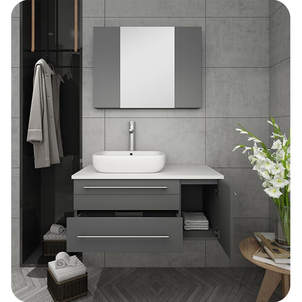 Fresca FVN6136GR-VSL-L Fresca Lucera 36" Gray Wall Hung Vessel Sink Modern Bathroom Vanity w/ Medicine Cabinet - Left Version