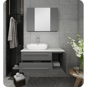 Fresca FVN6136GR-VSL-L Fresca Lucera 36" Gray Wall Hung Vessel Sink Modern Bathroom Vanity w/ Medicine Cabinet - Left Version