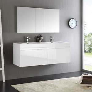Fresca FVN8042WH Fresca Mezzo 60" White Wall Hung Double Sink Modern Bathroom Vanity w/ Medicine Cabinet
