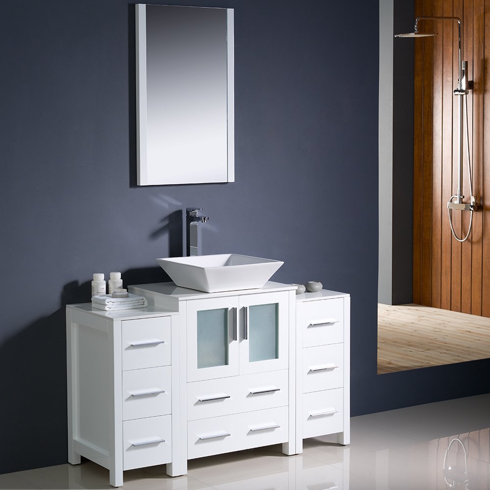 Fresca FVN62-122412WH-VSL Fresca Torino 48" White Modern Bathroom Vanity w/ 2 Side Cabinets & Vessel Sink