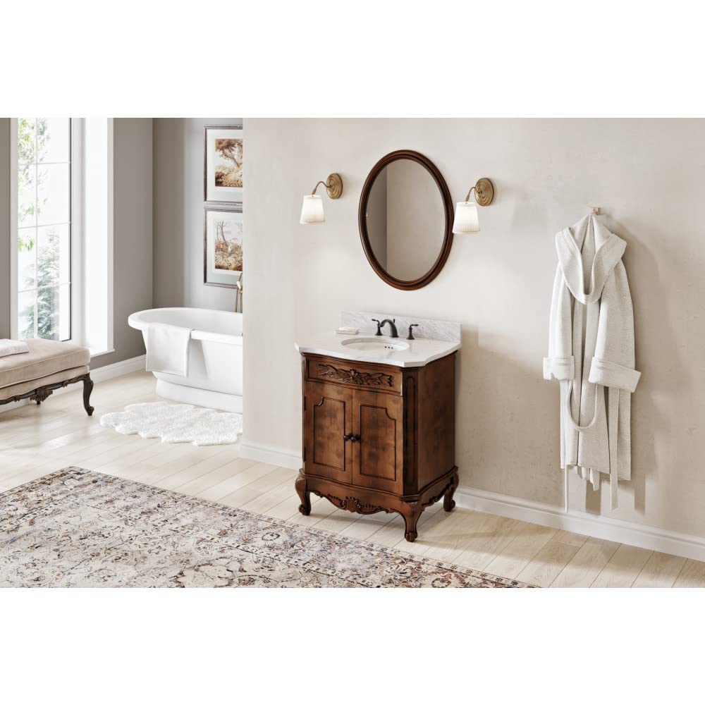 Jeffrey Alexander VKITCLA30NUWCO 30" Nutmeg Clairemont Vanity, Clairemont-only White Carrara Marble Vanity Top, undermount oval bowl