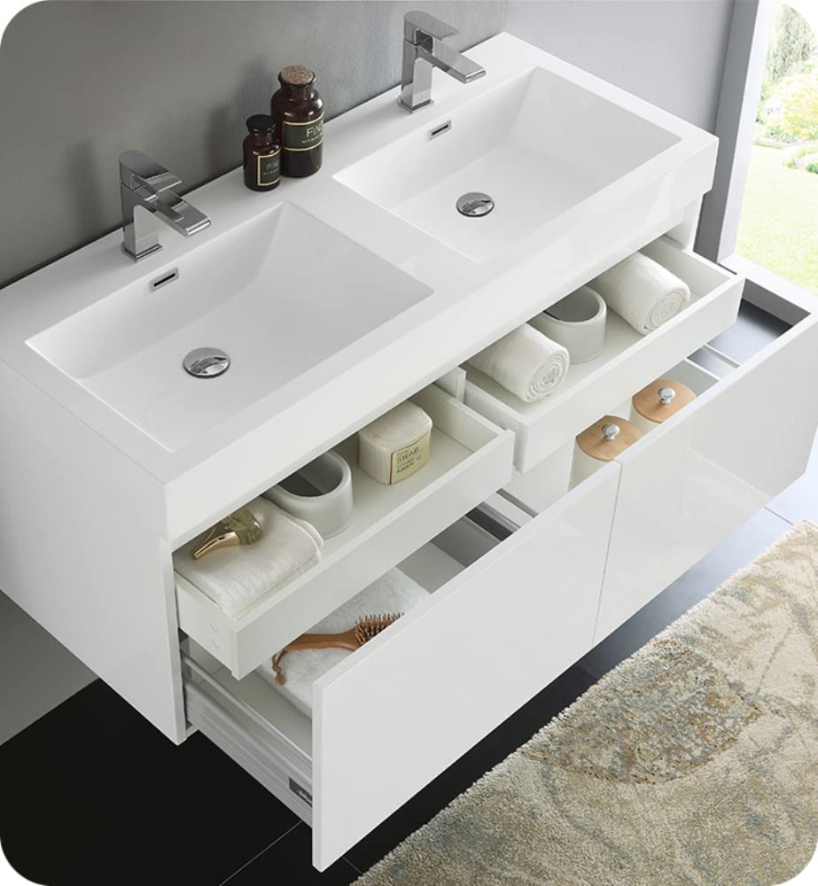 Fresca FCB8012WH Fresca Mezzo 48" White Wall Hung Double Sink Modern Bathroom Cabinet