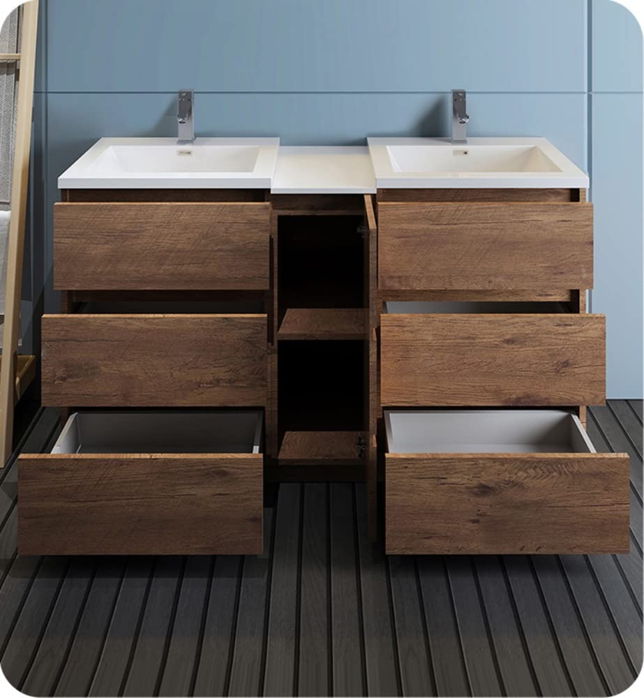 Fresca FCB93-241224RW-D-I Fresca Lazzaro 60" Rosewood Free Standing Double Sink Modern Bathroom Cabinet w/ Integrated Sinks