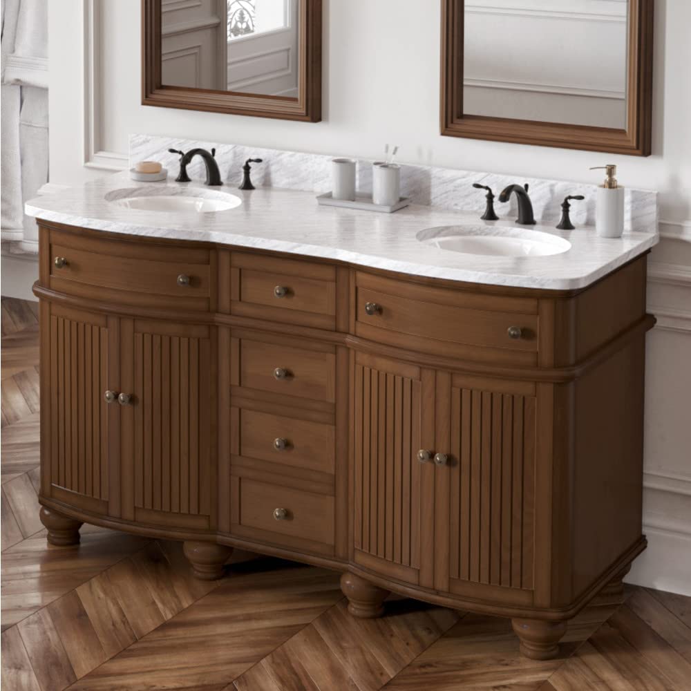 Jeffrey Alexander VKITCOM60WAWCO 60" Walnut Compton Vanity, double bowl, Compton-only White Carrara Marble Vanity Top, two undermount oval bowls
