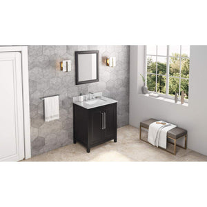 Jeffrey Alexander VKITCAD30BKWCR 30" Black Cade Vanity, White Carrara Marble Vanity Top, undermount rectangle bowl