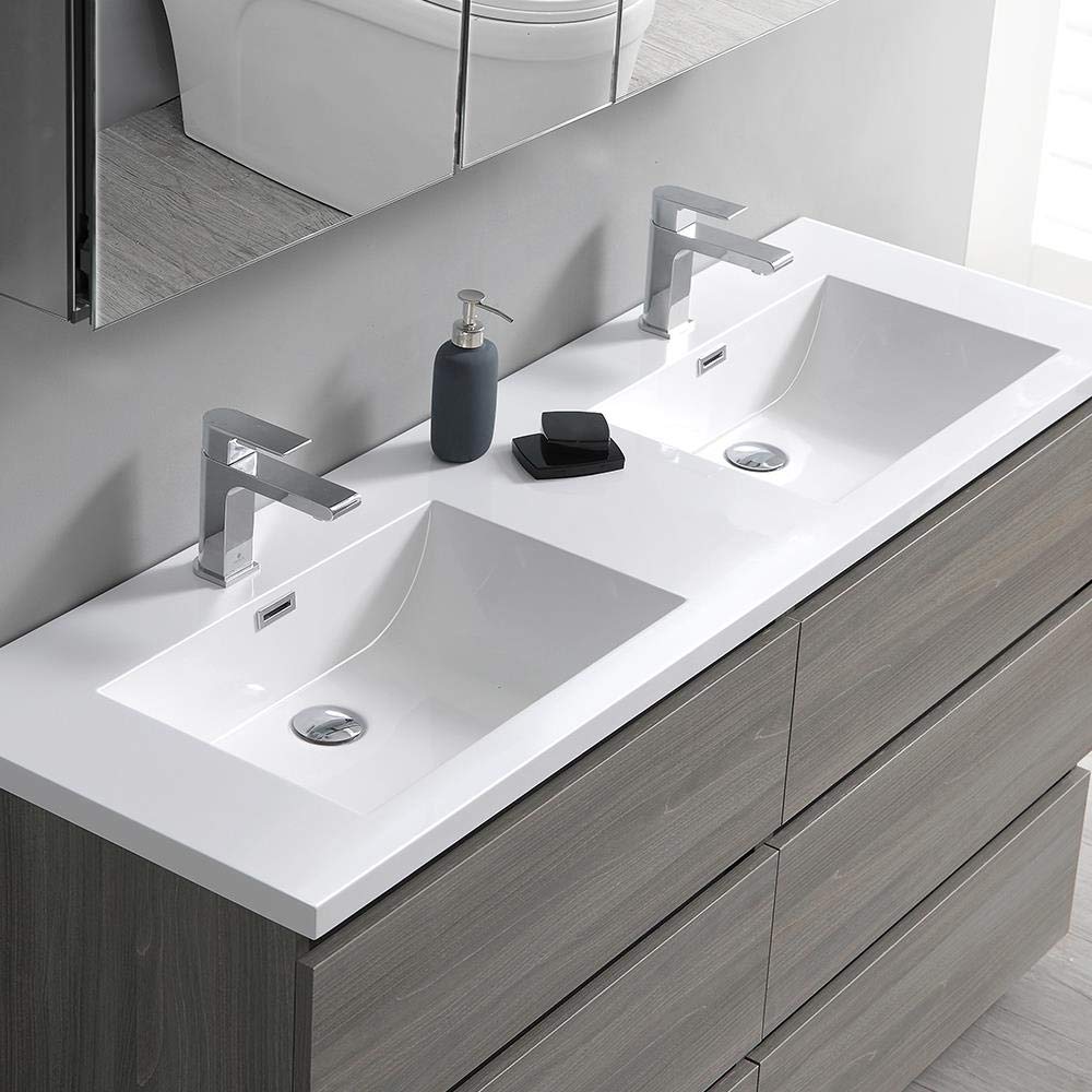 Fresca FVN93-3030MGO-D Fresca Lazzaro 60" Gray Wood Free Standing Double Sink Modern Bathroom Vanity w/ Medicine Cabinet