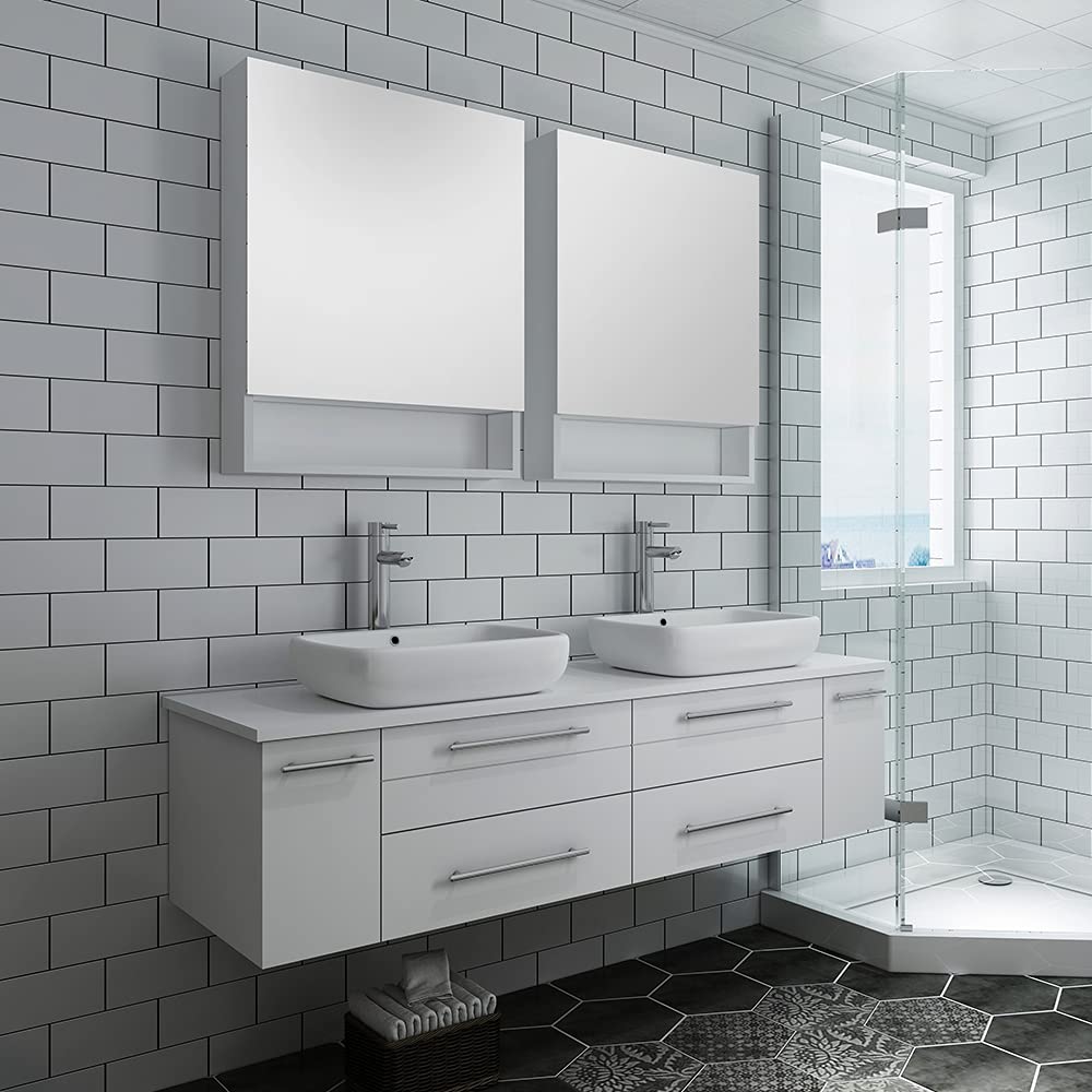 Fresca FVN6160GR-VSL-D Fresca Lucera 60" Gray Wall Hung Double Vessel Sink Modern Bathroom Vanity w/ Medicine Cabinets