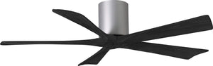 Matthews Fan IR5H-BN-BK-52 Irene-5H five-blade flush mount paddle fan in Brushed Nickel finish with 52” solid matte black wood blades. 