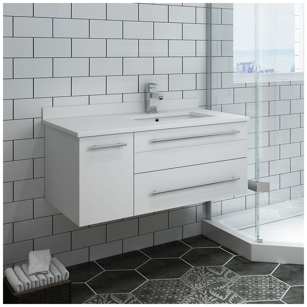 Fresca FCB6136RBL-UNS-R-CWH-U Fresca Lucera 36" Royal Blue Wall Hung Modern Bathroom Cabinet w/ Top & Undermount Sink - Right Version