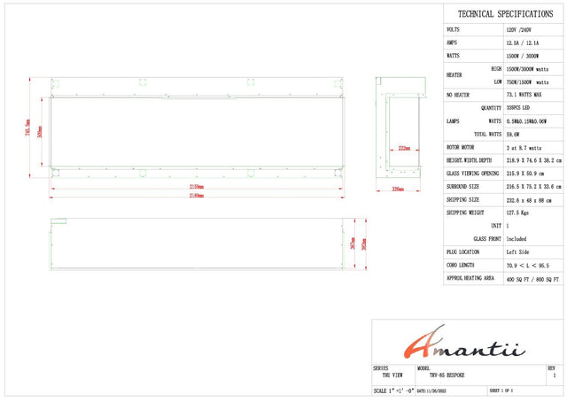 Amantii TRV-85-BESPOKE Tru View Bespoke - 85" Indoor / Outdoor 3 Sided Electric Fireplace Featuring a 20" Height, WiFi Compatibility, Bluetooth Connectivity, Multi Function Remote, and a Selection of Media Options
