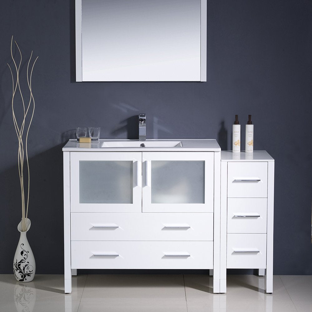 Fresca FVN62-3612WH-UNS Fresca Torino 48" White Modern Bathroom Vanity w/ Side Cabinet & Integrated Sink
