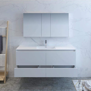 Fresca FVN9260WH-S Fresca Catania 60" Glossy White Wall Hung Single Sink Modern Bathroom Vanity w/ Medicine Cabinet