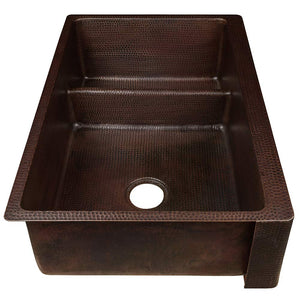 Premier Copper Products KA70DB33229-SD5 33-Inch Hammered Copper Kitchen Apron 70/30 Double Basin Sink with Short 5-Inch Divider…