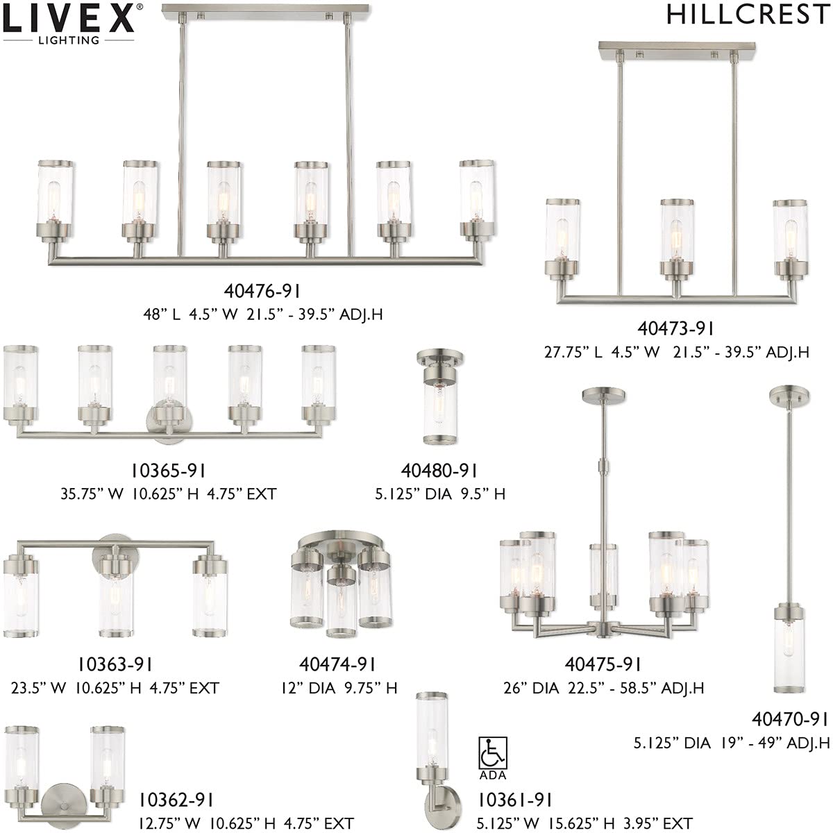 Livex Lighting 40476-91 Hillcrest - Six Light Linear Chandelier, Brushed Nickel Finish with Clear Glass